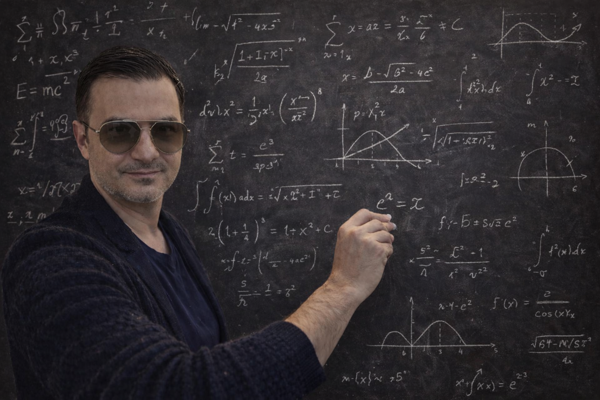 Salih Tatar in front of a mathematical blackboard